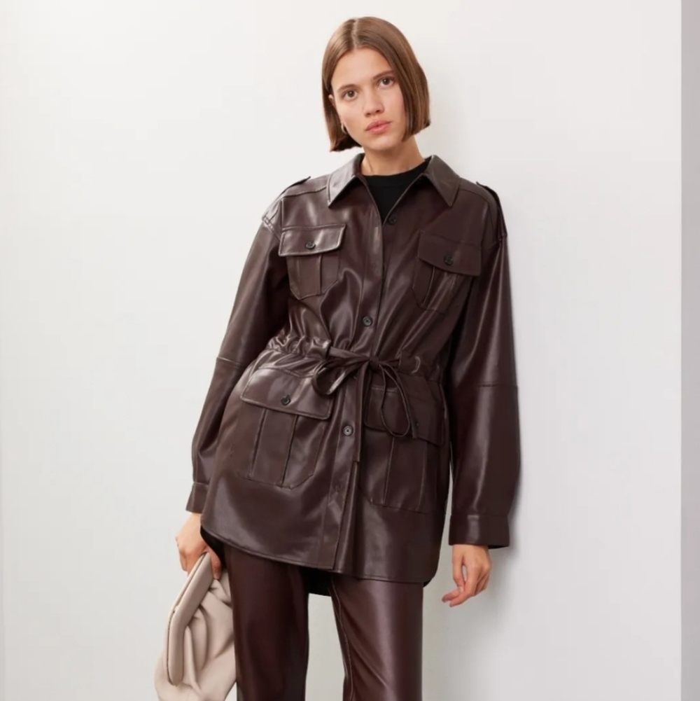 Marissa Webb Burgundy Faux Leather Shacket Cinch Waist Size 4 Oversized NEW